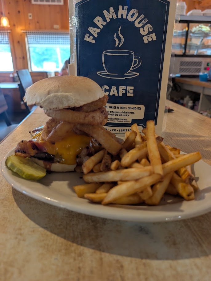 Comfort food plates on a diner table.